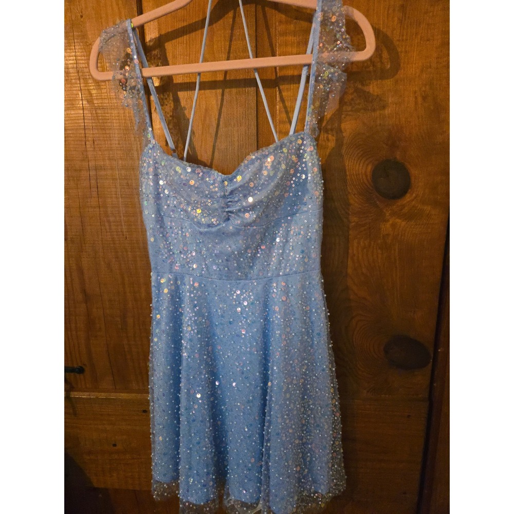 LUCY IN THE SKY - Blue Sequin Lace Up Back Mini Dress Ruffle Strap Homecoming